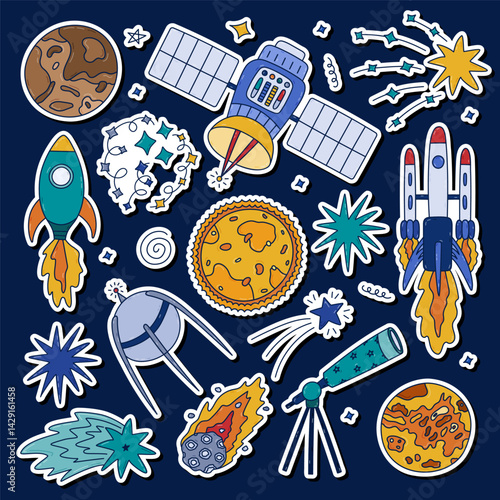 Colorful doodle sticker set about cosmos, astronomy for planners, notebooks, scrapbook. Printable list of funny stickers with spaceship, satellite, the Sun, asteroid, planet, rocket, falling star.