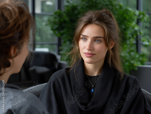 medical psychologist engages in thoughtful conversation with patient, showcasing empathy and understanding in serene office environment. atmosphere is calm and supportive