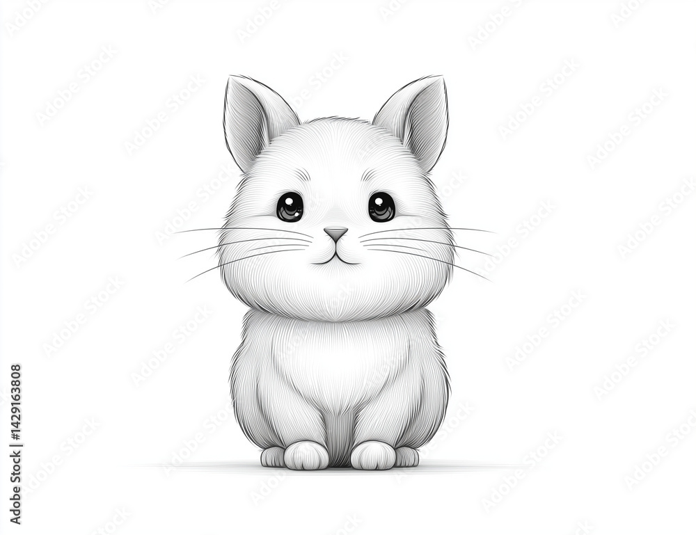 Fototapeta premium Fluffy Bunny in Monochrome: A cute, cartoonish bunny, characterized by its endearing expression, big eyes, long ears, and soft fur, stands as a timeless icon of springtime and easter symbolism.