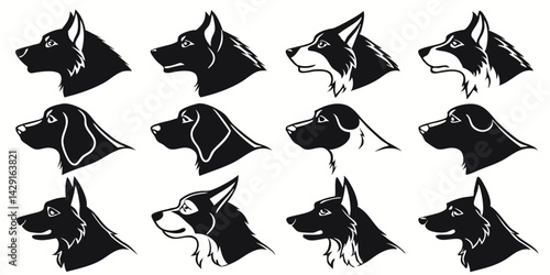 Dog Breeds Silhouette Vector Set – German Shepherd, Doberman, Rottweiler, Husky, Border Collie, Dalmatian, Boxer, Great Dane, Beagle, Bull Terrier