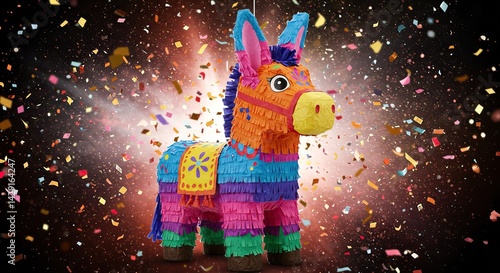 Vibrant donkey pinata with colorful confetti background for celebration and party decor