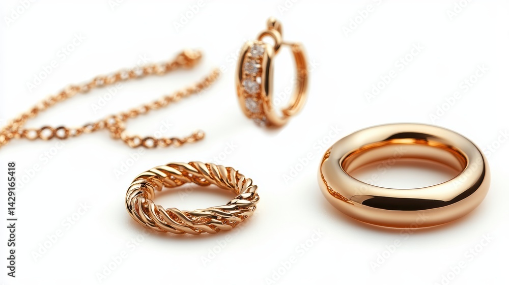 Simple yet elegant gold jewelry set with matching hoops, necklace, and ring, isolate on white background Simple yet elegant gold jewelry set with matching hoops, necklace, and ring, isolate on white background
