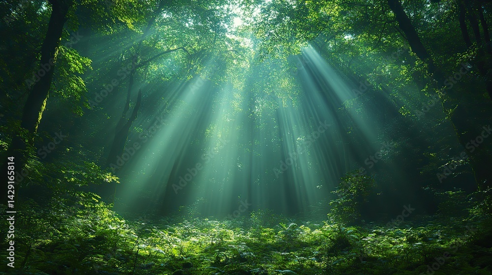 Fototapeta premium The sunlight filtering through the dense canopy of a forest