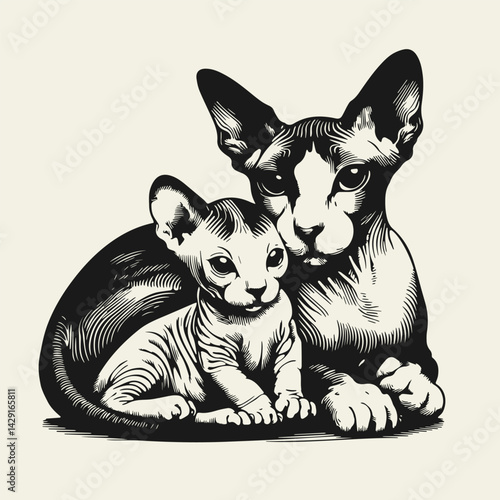 Sphynx cat with kitten, domestic animals, monochrome vector illustration.