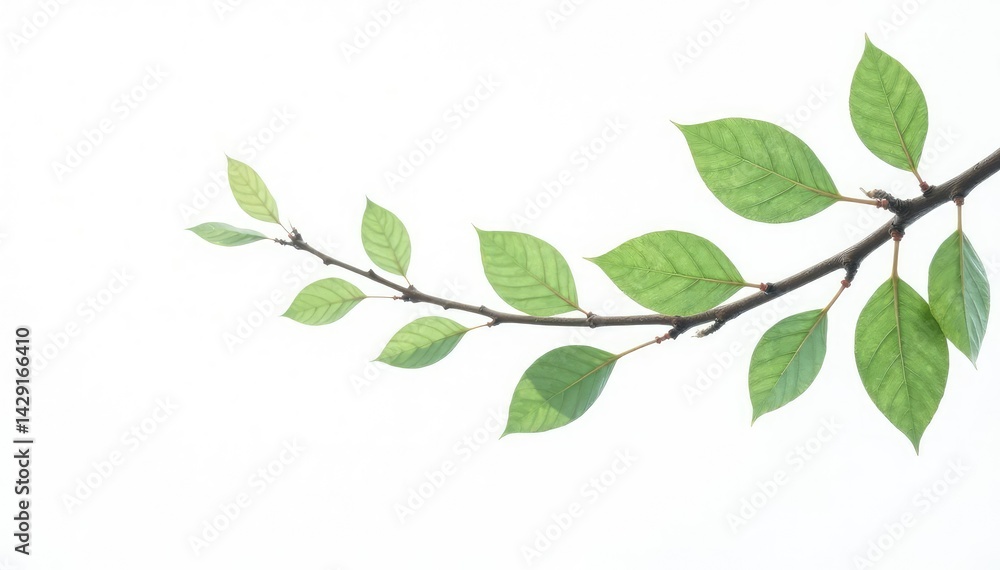 Fototapeta premium Delicate branches with leaves isolated on white background, serene background, branch art