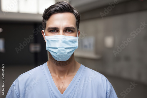 The image shows a person wearing blue scrubs and a surgical mask, standing in what appears to be a medical or clinical setting with a blurred background