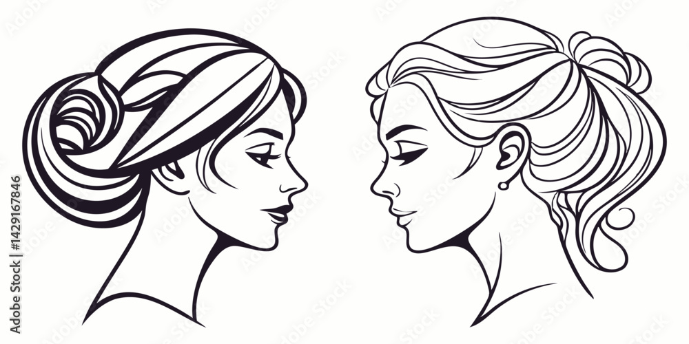 Elegant Line Art Portraits of Two Women Facing Each Other Elegant Line Art Portraits of Two Women Facing Each Other