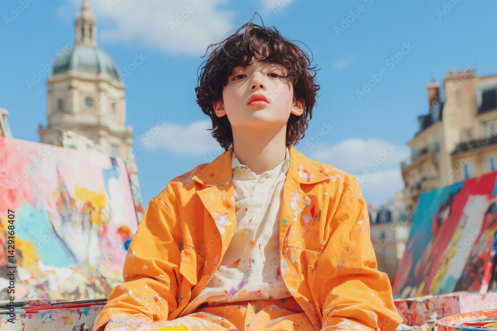 Obraz premium A young artist showcases creativity while wearing a colorful orange outfit amidst painted canvases in Paris. The bright sky adds to the lively atmosphere
