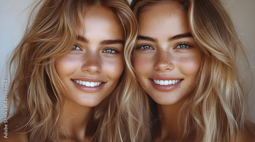 Two models smiling in a studio, highlighting long, healthy blonde hair achieved with premium haircare products Two models smiling in a studio, highlighting long, healthy blonde hair achieved with premium haircare products