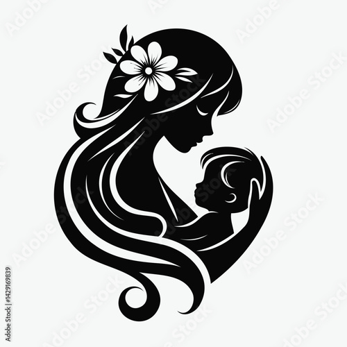Maternal Love Silhouette: Elegant Vector of Mother and Child with Floral Accent