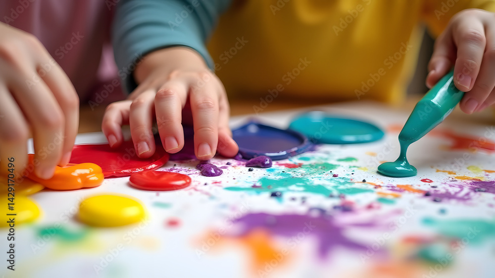 Fototapeta premium Vibrant close-up of kids' hands painting with thick, glossy tempera colors—red, blue, yellow, green—on white paper. Tiny fingers smeared in purple, orange, turquoise, creating spontaneous swirls, dots