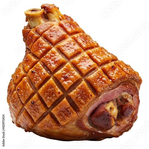 Roasted Glazed Ham with Bone and Crispy Skin on White Background .