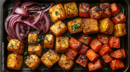 Roasted Butternut Squash Pumpkin and Caramelized Red Onions