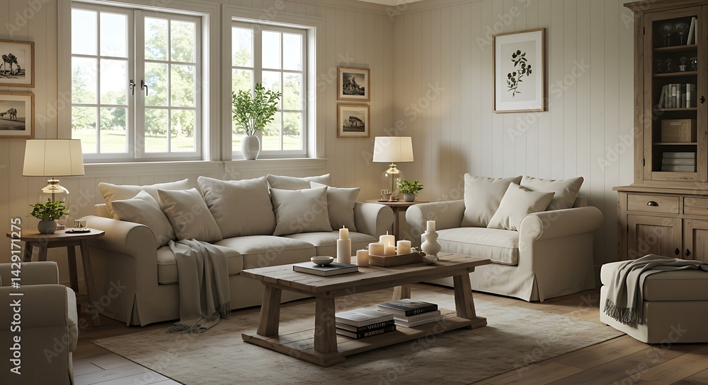 Fototapeta premium Serene Living Room Interior Design Neutral Tones, Natural Light, and Cozy Comfort
