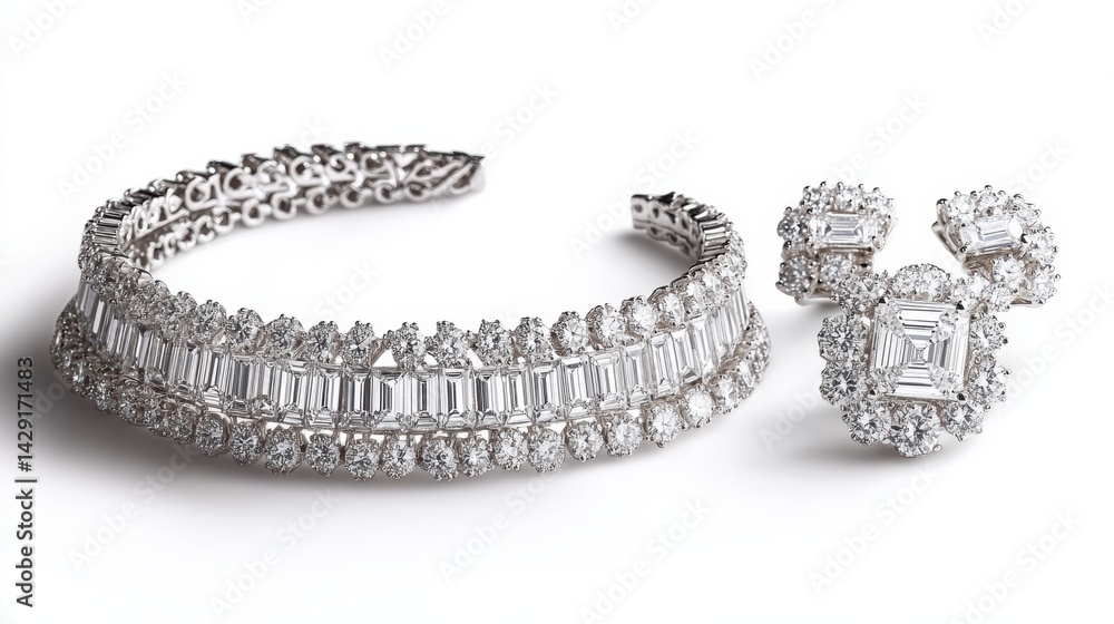 Sophisticated diamond jewelry set with baguette-cut diamonds on earrings, necklace, and matching ring, isolate on white background Sophisticated diamond jewelry set with baguette-cut diamonds on earrings, necklace, and matching ring, isolate on white background