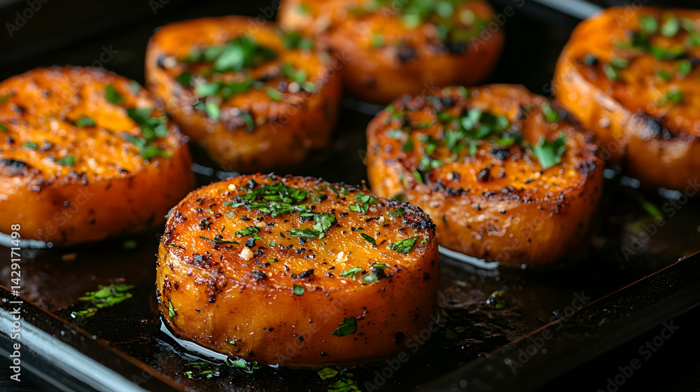 Roasted Sweet Potatoes with Parsley on Baking Sheet Roasted Sweet Potatoes with Parsley on Baking Sheet