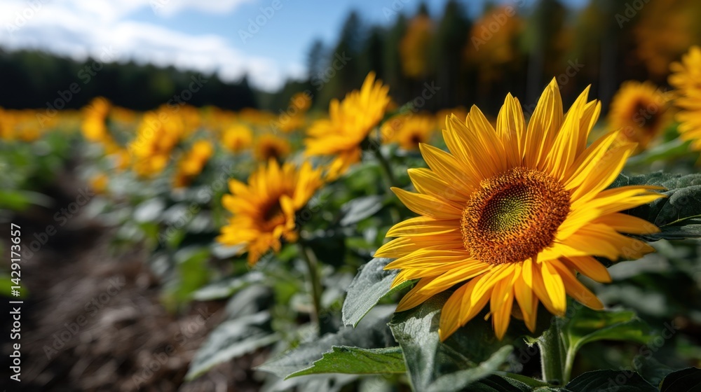 Naklejka premium Vibrant Sunflower Field with Bright Yellow Blooms Under a Blue Sky and Forest Background