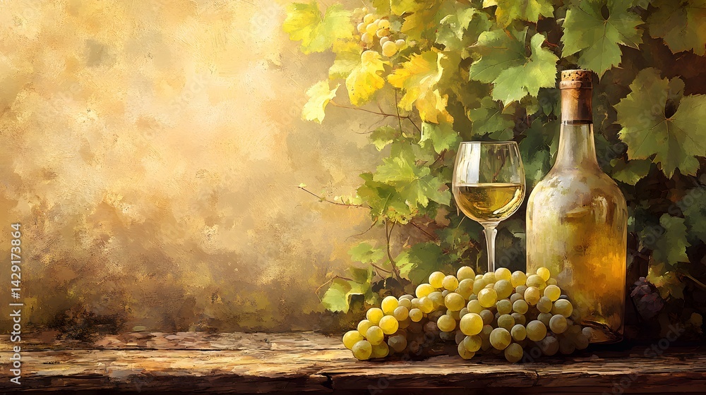 Fototapeta premium Vintage wine bottle and glass on a rustic wooden table with grapes