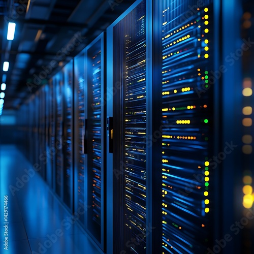 Server racks illuminate a modern data center.