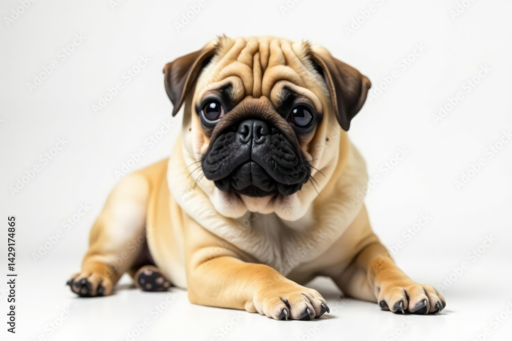 Obraz premium One brown pug rests isolated on plain white backdrop, peaceful, pet, relaxing