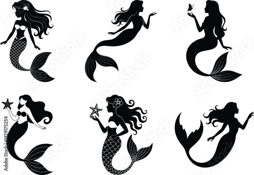 Minimalist Mermaid Silhouette Clipart Vector Illustration Design. Mystical Mermaid, Elegant Mermaid, Underwater Mermaid, Mermaid Tail & Siren Shadows, Whimsical Mermaid, Fantasy Mermaid, Cute Mermaid.