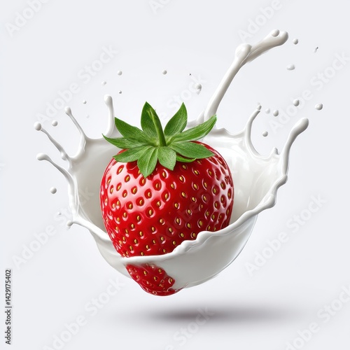 Strawberry splashing in milk on white background