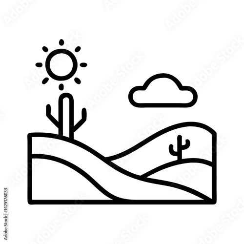 Outline desert landscape with sun, cactus, cloud, and hills vector illustration design element for art, nature, and travel