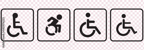 Disabled sign icon. Human on wheelchair symbol. Handicapped invalid sign. Circle buttons with long shadow. 4 icons set. Vector.