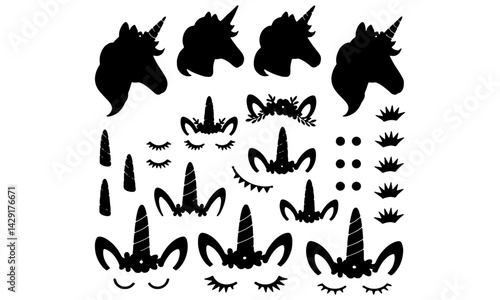Unicorn elements flat vector illustrations set. Girly, childish stickers isolated pack. Magical horse with horn and stripy multicolor hair constructor kit. Eyelashes, ears, flowers, stars