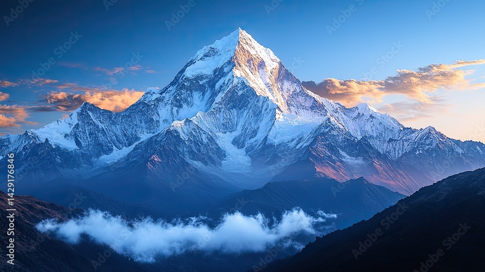 Towering mountains capped with snow under a clear sky Towering mountains capped with snow under a clear sky