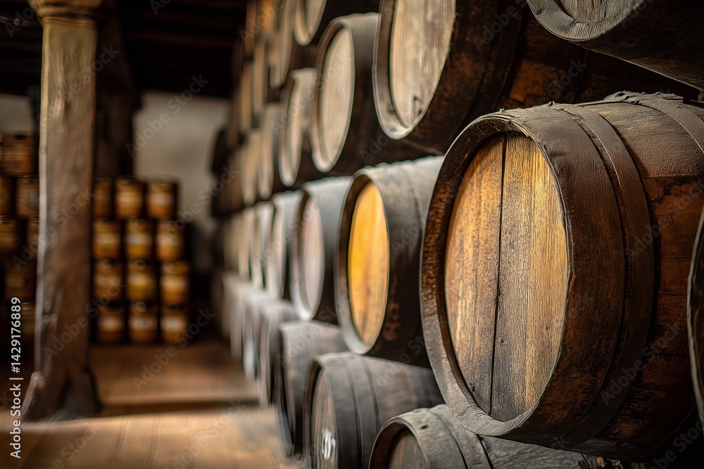 Spirit of Speyside Whisky Festival. Wooden barrels stacked in a rustic cellar showcasing craftsmanship and aging process of spirits with vintage appeal concept Spirit of Speyside Whisky Festival. Wooden barrels stacked in a rustic cellar showcasing craftsmanship and aging process of spirits with vintage appeal concept