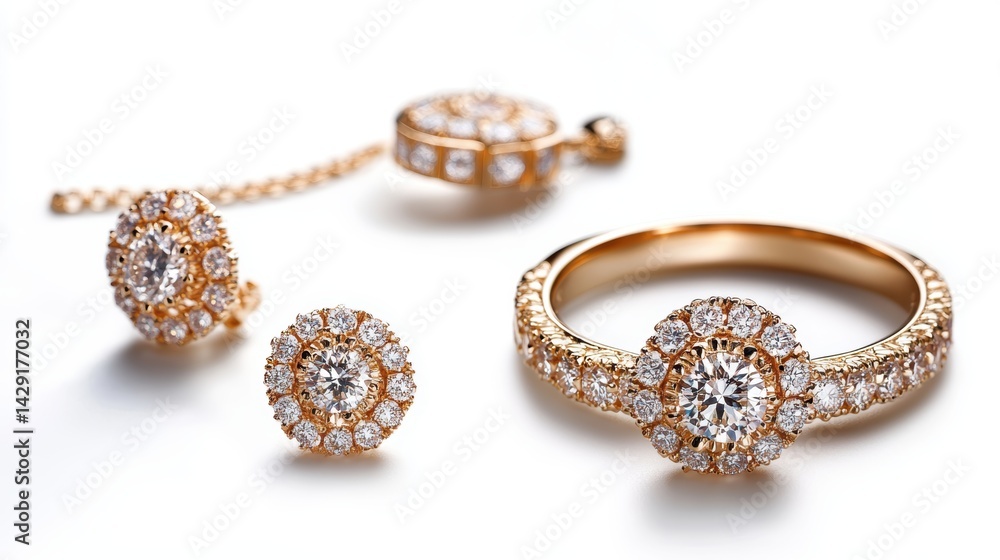 Elegant gold jewelry set with simple yet stunning diamond accents on earrings, necklace, and ring, isolate on white background Elegant gold jewelry set with simple yet stunning diamond accents on earrings, necklace, and ring, isolate on white background