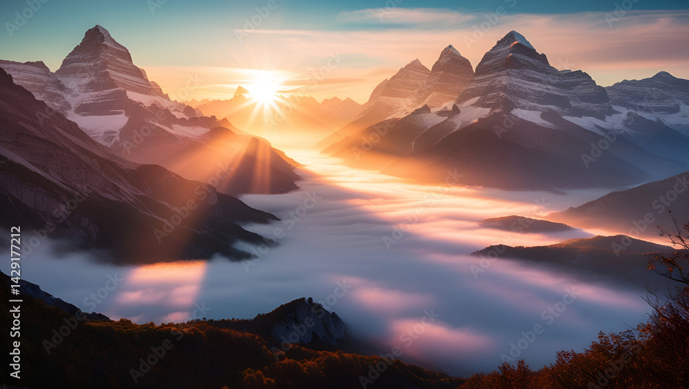 Naklejka premium Warm golden sunlight casts a dramatic glow on mountains in middle of river 