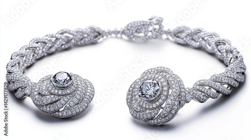 Contemporary platinum jewelry set with diamond-studded earrings, a necklace, and a coordinating ring, isolate on white background
