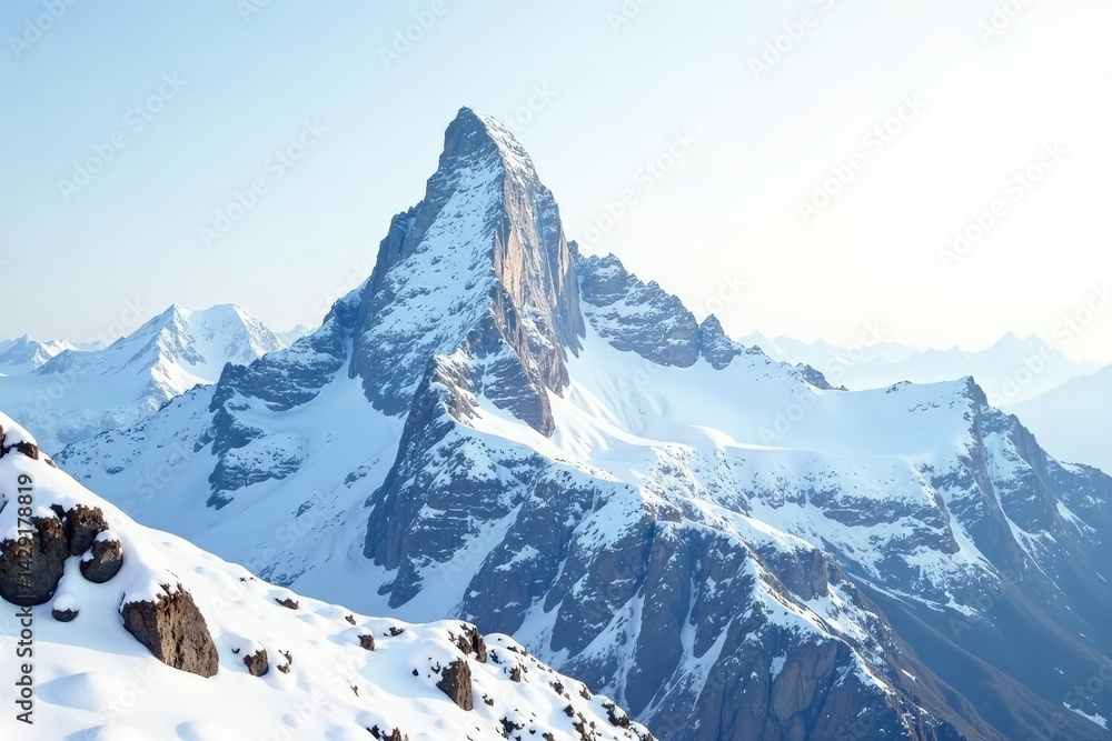 Obraz premium Snow-covered mountain peak against bright white sky, image, untouched