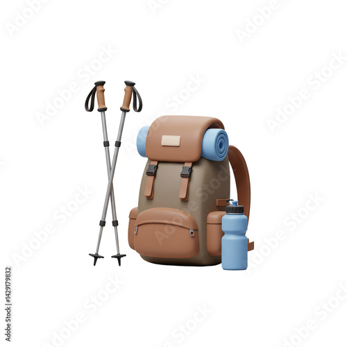 3d Illustration Hiking backpack and trekking poles set