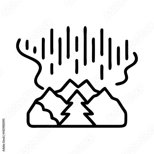 Outline aurora borealis northern lights over mountain range with pine tree vector illustration
