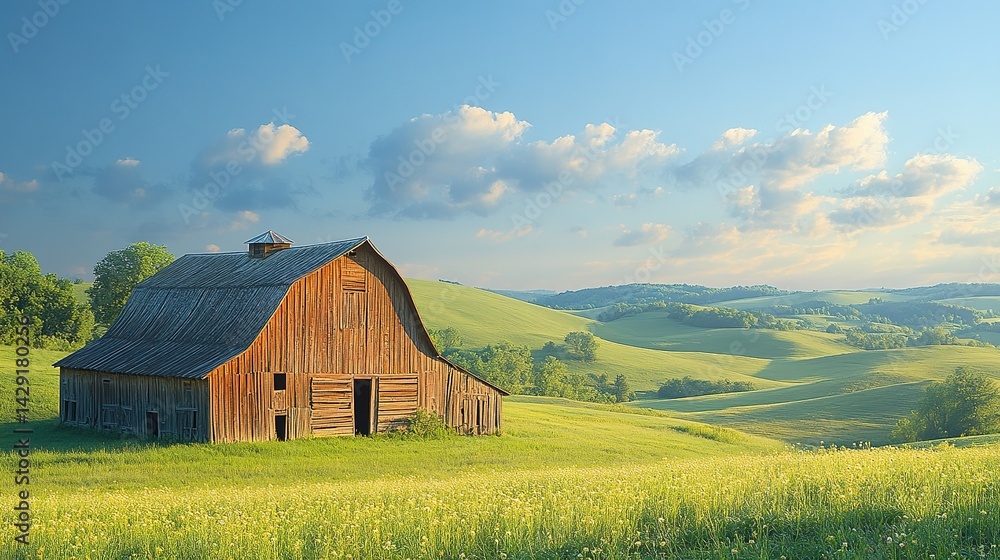 Rustic Barn in a Lush Green Field Under a Cloudy Blue Sky Rustic Barn in a Lush Green Field Under a Cloudy Blue Sky