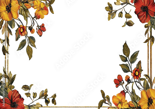 A vibrant floral frame featuring colorful flowers and lush green leaves on a white background, perfect for creative designs or invitations, watercolor paint of Floral boarder frame 