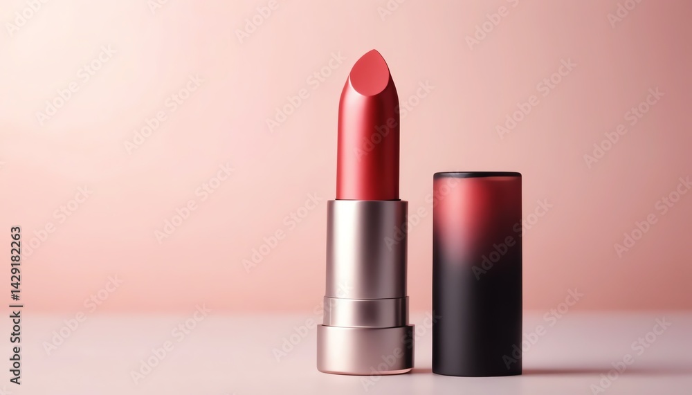Elegant Red Lipstick with Silver Case on Pink Background Beauty Product Shot Elegant Red Lipstick with Silver Case on Pink Background Beauty Product Shot