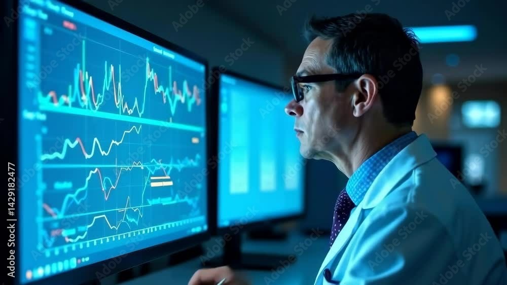 An elderly businessman is watching two monitors, typing something. An elderly businessman is watching two monitors, typing something.