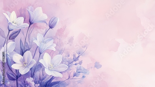 A beautiful watercolor floral pattern with green bluebell in pastel colors, with an empty space for the text, on a pink background, the flowers are located at the left of the picture