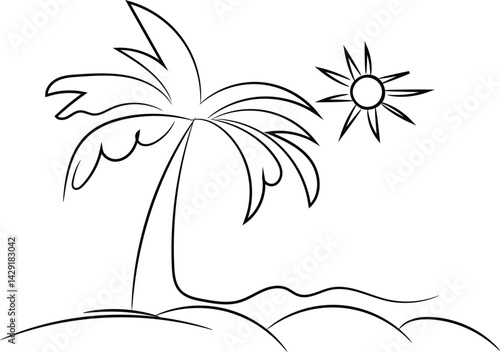 A tropical beach paradise vector illustration shows a palm tree silhouette against the summer sunset