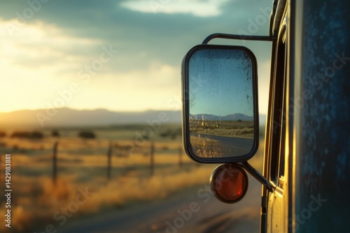 Reflection of sunset in side mirror of truck