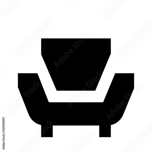 Silhouette of a modern armchair with a wide seat and armrests, resting on short legs, in solid black on white