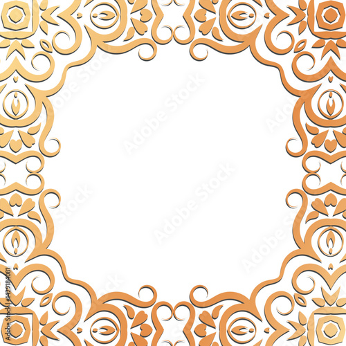 ornate golden frame. A lavish border, with place for text, photographs, artwork. Classic traditional frame with scrolls, swirls.