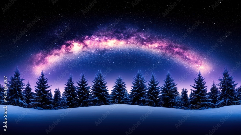 Fototapeta premium Milky Way Arcing Over Snowy Pine Forest at Night