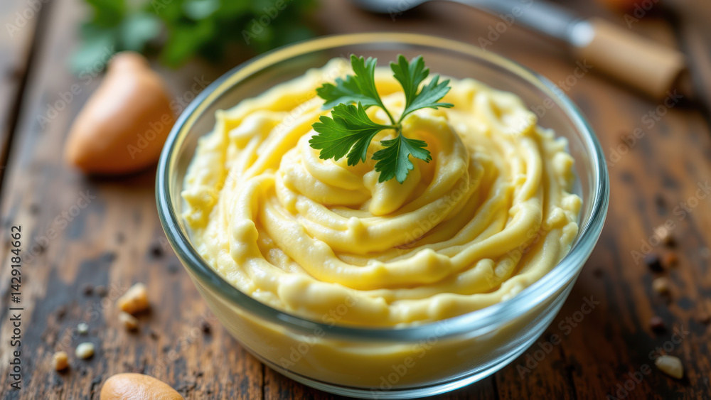 Keto-friendly mashed cauliflower with garlic topping. Keto-friendly mashed cauliflower with garlic topping.