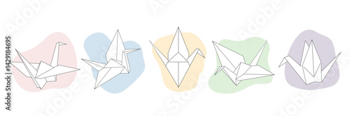 Origami paper cranes set. Various origami birds of folded paper. Origami paper bird symbol. Vector illustration