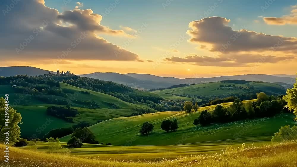 Serene Landscape at Sunset with Rolling Hills and Trees Serene Landscape at Sunset with Rolling Hills and Trees